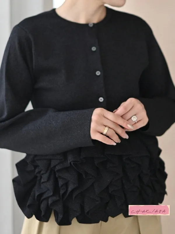 

Зимняя повседневная пригородная куртка с длинными рукавами, плиссированная японская модная одежда с рюшами и маятником в виде гриба, вязаный короткий свитер