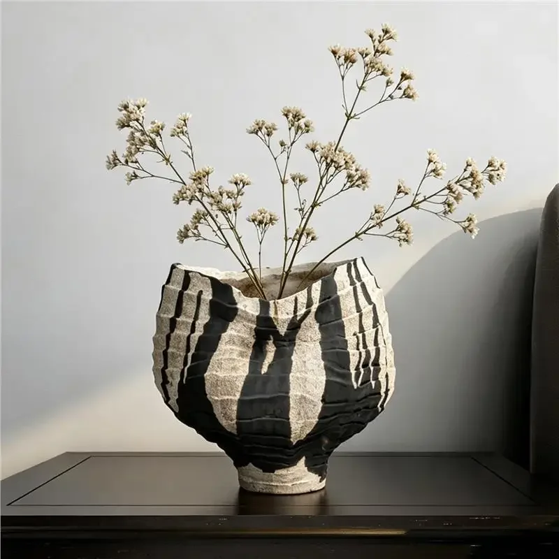 Wabi-sabi wind ceramic vase large diameter new Chinese style living room entrance insert hotel homestay soft ornament