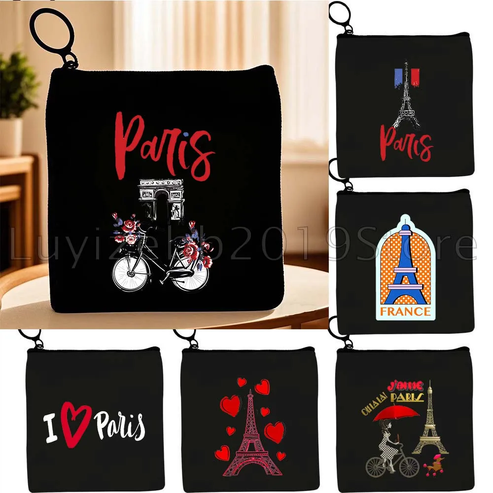 Amor paris frança mapa bandeira torre eiffel cidade pontos de referência pug vida bolsa de lona bolsa de moedas caso chave saco carteira bolsa com zíper