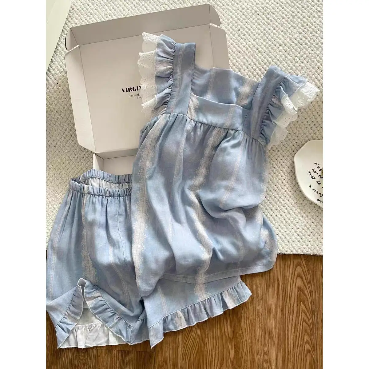 

Sweet Style Lace Trim Nightgown Women Summer Cloud Cotton Strap Home Clothes Short Pants Comfortable Breathable Sleepwear