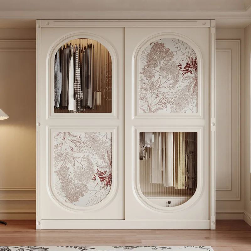 

French Cream Wind Sliding Door Wardrobe One Door To Top Sliding Door Sliding Light Luxury Solid Wood Bedroom Cabinet