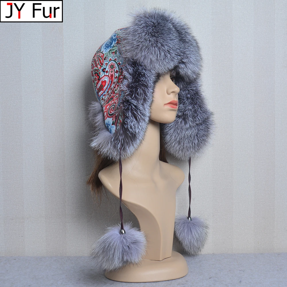 Quality Silver Blue Fox Fur Snowboard Cap Winter Sheep Leather Hat with Ears PomPom Flower Print Women\'s Fur Hats for Winter