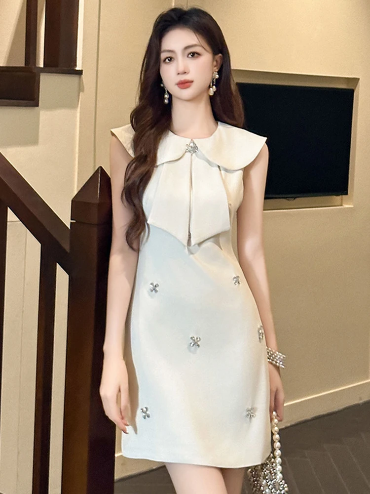 Women's Classic Cute Birthday Party Dress Lovely Tie Sparkling Diamond Flower Slim Fit Mini Gown Girl Banquet Date Vestido Mujer