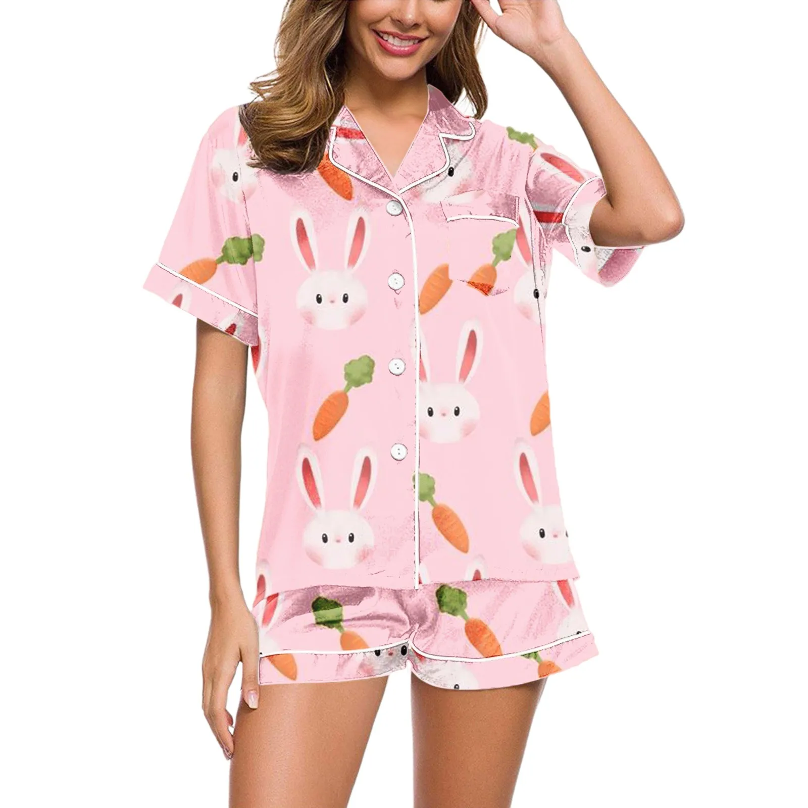 Conjunto de pijama de 2 piezas para mujer, ropa de dormir con estampado de conejo de dibujos animados, camisa de manga corta con botones, Tops y pantalones cortos, Verano