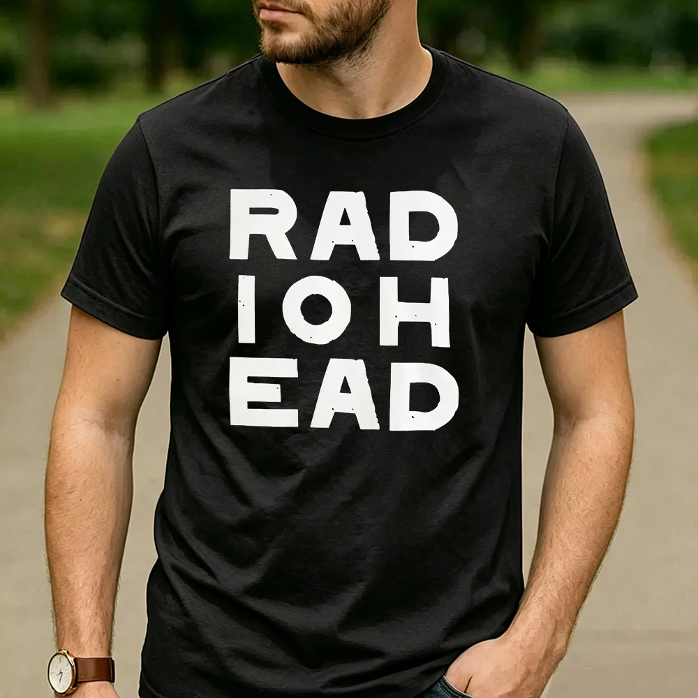 Radiohead Distressed Block Text Graphic T Shirt Unisex Crew Neck Short Sleeve Rock Fan Holiday Gift Tee