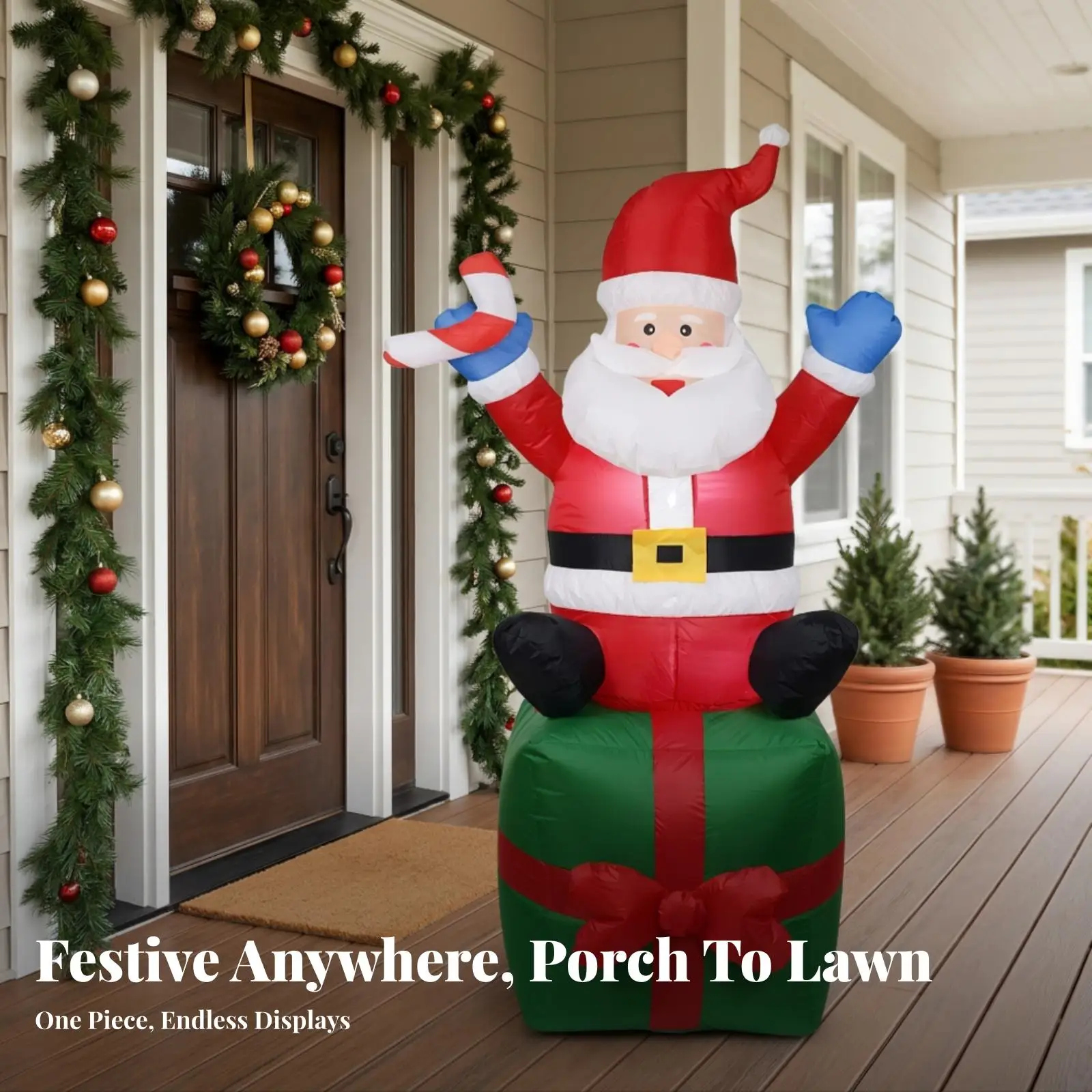 Inflatable Santa with Gift-Box Base Festive Holiday Display, Eye-Catching Centerpiece, Inflatable Santa Christmas figure, for