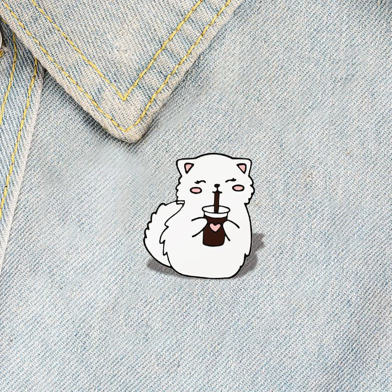 Juice with Straw Lapel Pins Cartoon Animal Badge Jewelry Gift for Friends Cute White Fat Cat Enamel Pin Happy Mew Mew Drinking