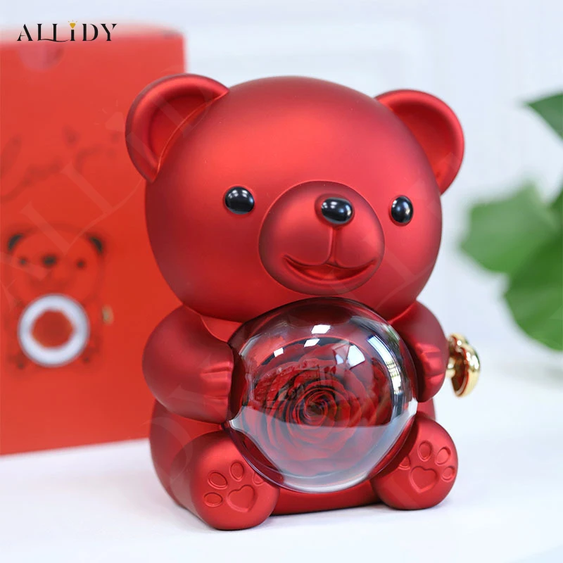 Allidy - Véritable ours en peluche rose rouge éternelle nom personnalisé collier ensemble de bijoux boîte-cadeau noël saint valentin anniversaire cadeau de mariage