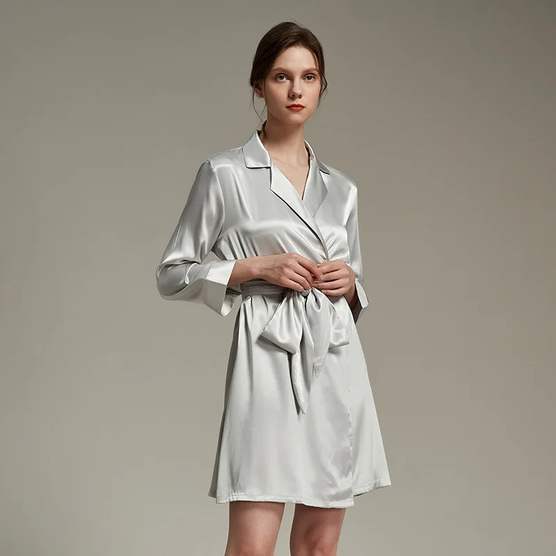 

2024 Summer Pajamas Women's Imitation Silk Lapel Mid length Pajamas Women's Sexy Bathrobe Thin Home Furnishings