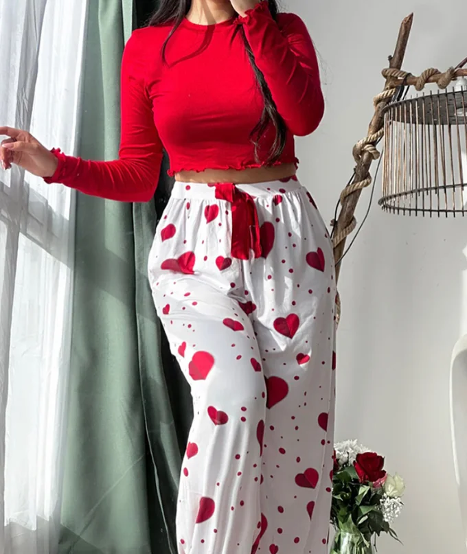 

Two Piece Set Women Outfit 2025 Spring New Frill Hem Long Sleeve Crop Top & Casual Heart Pattern Drawstring Pants Pajamas Set