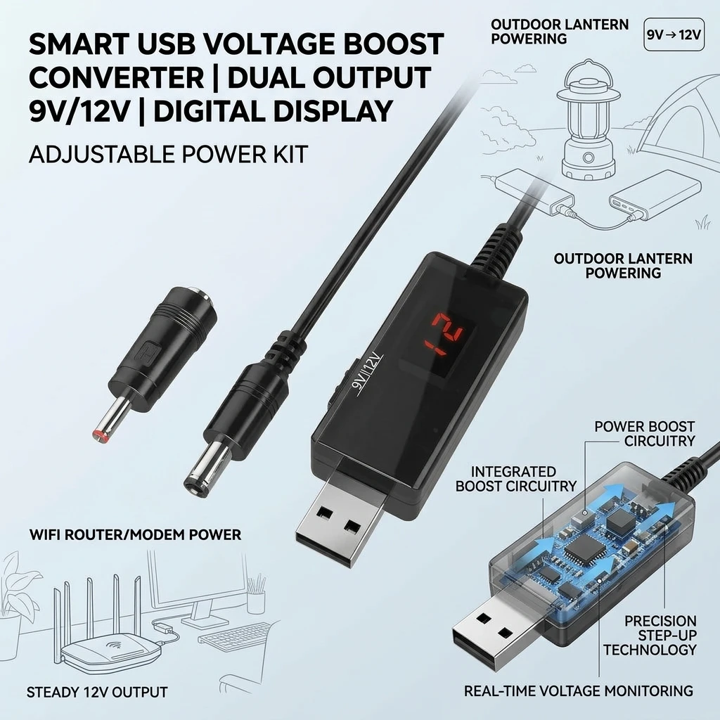 USB to DC5.5/3.5mm Adjustable Voltage Boost Cable 5V-9V-12V for Router Optical Modem Electronic Components Charging Cable