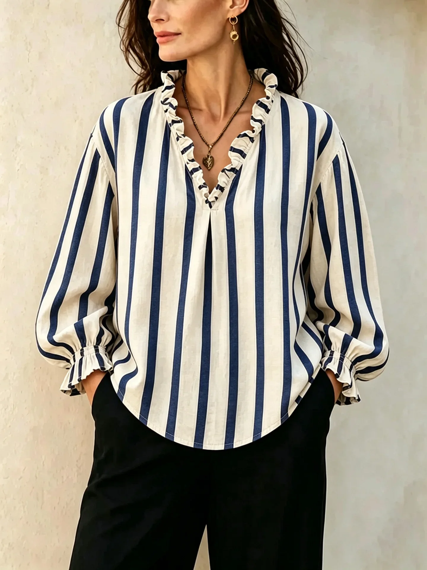Women Vintage Striped V-Neck Ruffle Blouse Loose Cuffed Long Sleeve Casual Vocation Tops Y2K Street Daily Wear Work Office Shirt