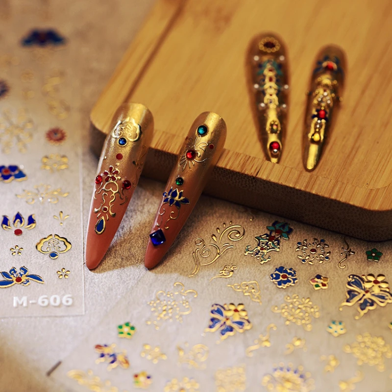 Chinese Traditional Kingfisher Jewelty Design 3D Self Adhesive Nail Art Stickers Gold Stamped Totems Manicure Decals Wholesale