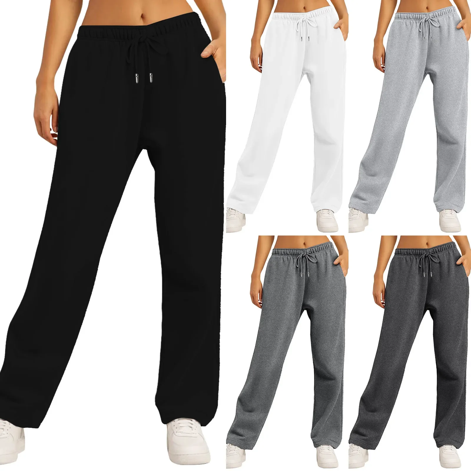 Pantalones de chándal con forro polar para mujer, pantalones de pierna ancha y recta, pantalones de chándal con parte inferior, pantalones para correr, pantalones de entrenamiento de cintura alta con bolsillos