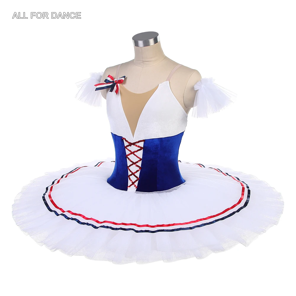 BLL589 ロイヤルブルー/ホワイト ベルベットボディス、ホワイトの硬いチュールチュチュ付き、フラム・オブ・パリのバリエーション用プレプロフェッショナルバレエチュチュ