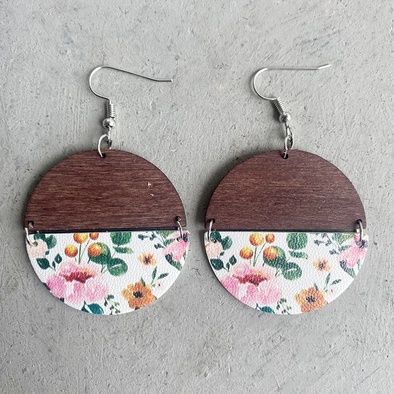 Handmade Wood Half Circle Earrings Leather Print Round Colorful Stripes Boho Resort Sun Flower Floral Hook Earrings