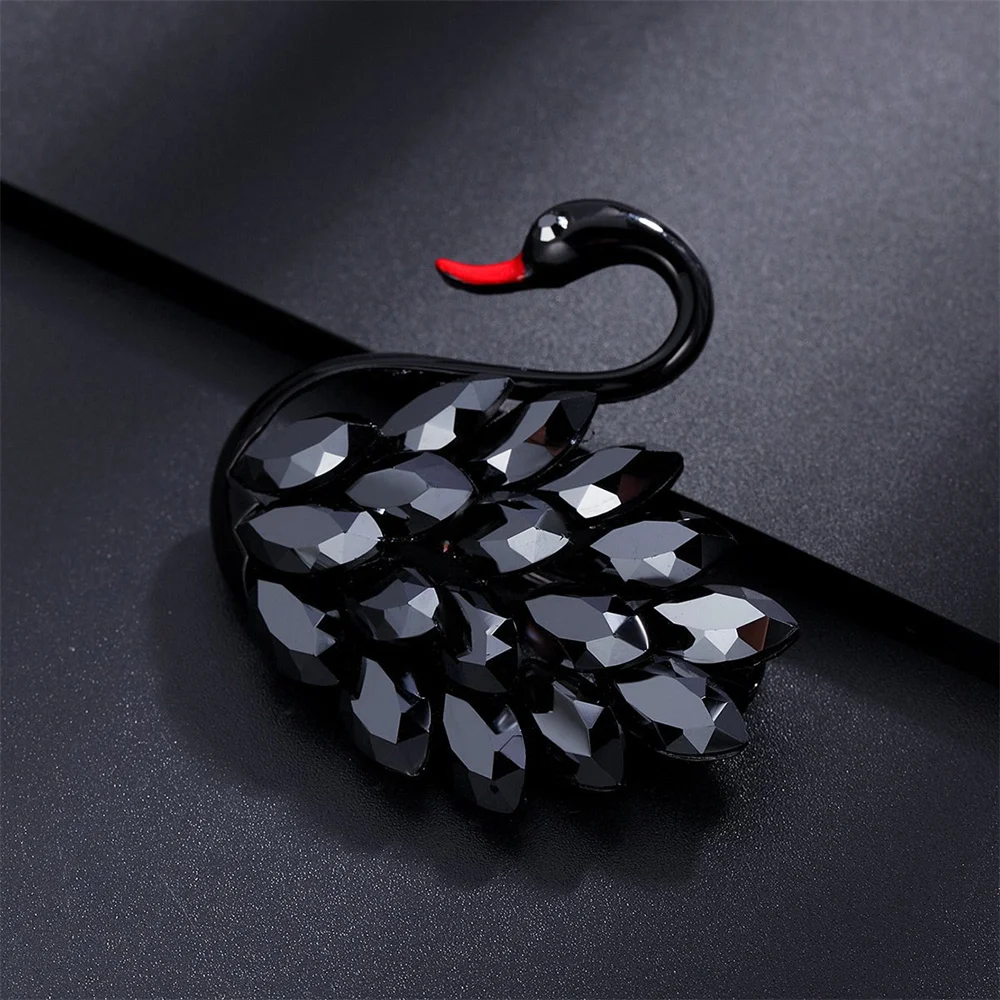 High Grade Black Crystal Swan Brooches for Women Metal Animal Lapel Pins Casual Office Brooch Jewelry Party Wedding Gifts