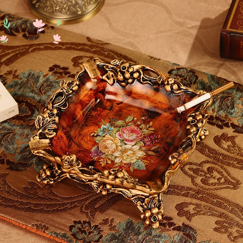Retro Square Resin Ashtray with Floral Print, Antique Gold Frame and Four Legs for Home Smoking Decor