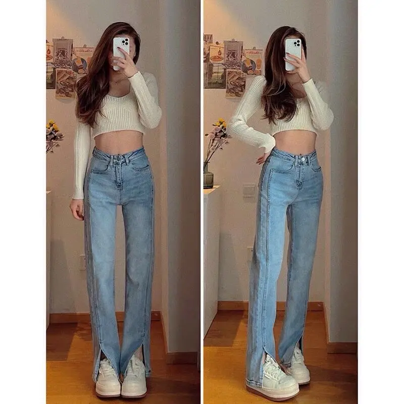 

High Waist Slit Straight Leg Jeans Women's Spring Autumn plus Size Korean Style Loose Slimming Wide Leg Long Pants