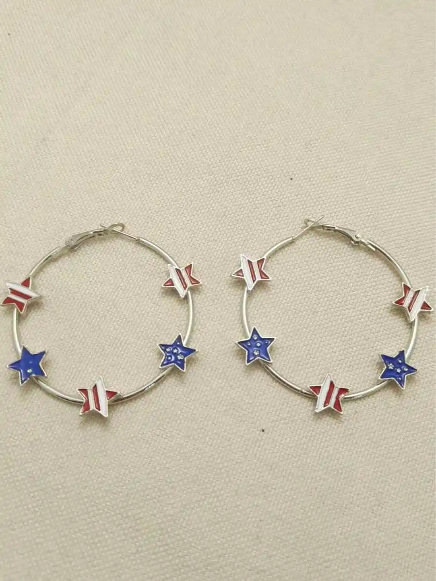 

Silver Tone Enamel Star And Red-White Stripe Hoop Earrings For Women, Patriotic Daily Wear Jewelry Gift For Independence Day