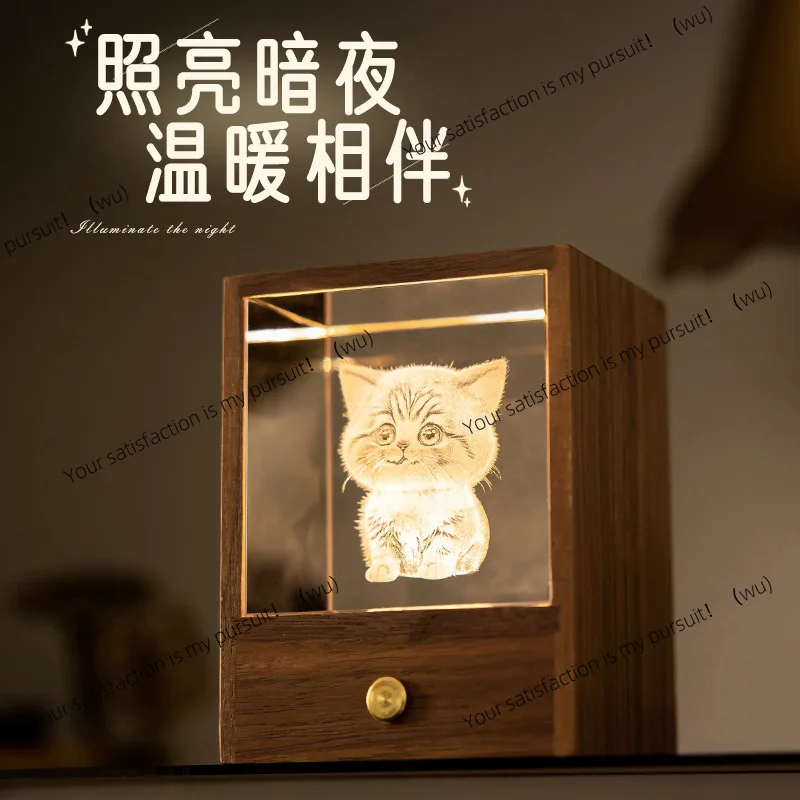 Creative gift wooden box luminous crystal ball lettering kitten night light ornament for men and women birthday gift Z1