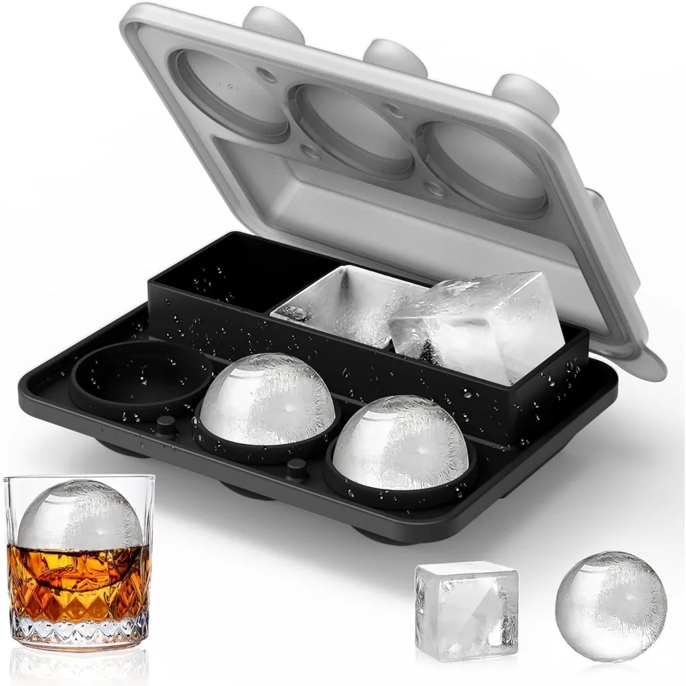 Ice cube mold tray, large silicone whisky ice mold, round ice ball maker and square ice tray, suitable for cocktails