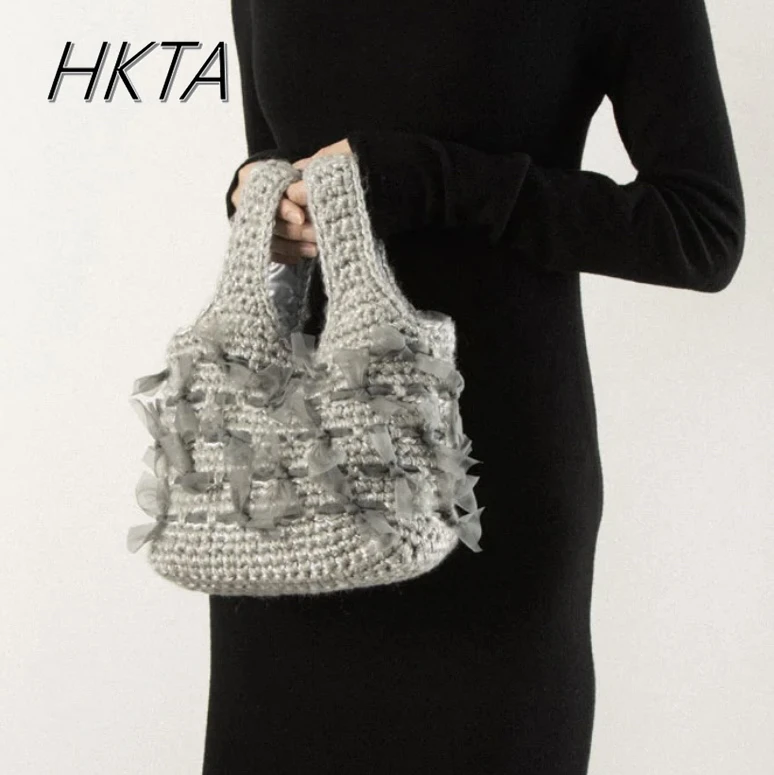 

Japanese Style Lace Bow Versatile Knitted Portable Cosmetic Bags Women Mine Fashion Large Capacity Gray Messenger Tote Bag