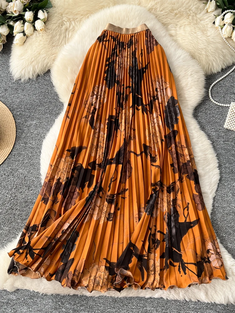 Women Pleated Skirt Floral Print A-line OL Office Lady Retro Euro Style Elastic Waist Female Autumn Spring Faldas SK080