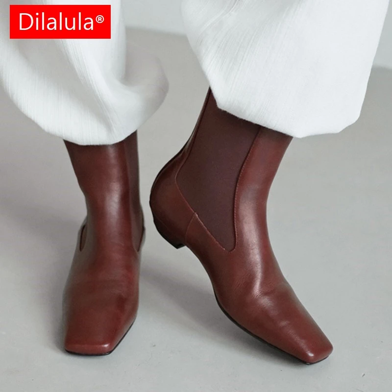 Dilalula 2025 New Cow Leather women's Short Boots Square Toe Low Heel Slip On Chelsea Shoes For Lady Autumn Casual Ankle Boots