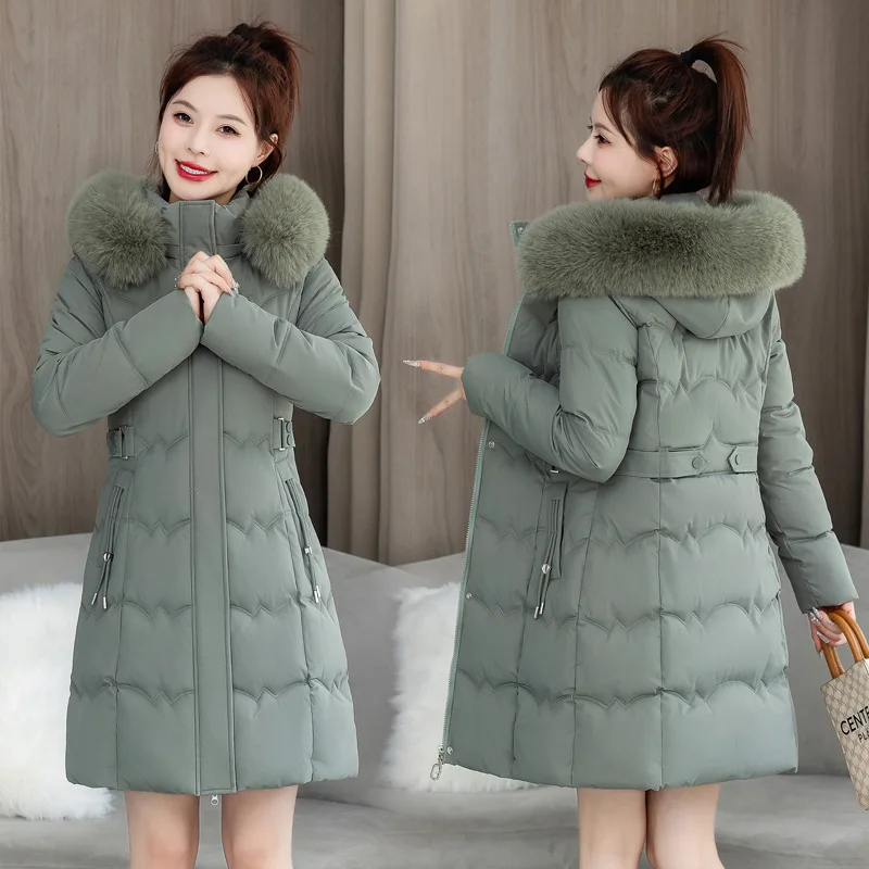 2024New Winter Hooded Fur Collar Long Parkas Thick Warm Down Cotton Padded Jacket Women Casual Parkas Snow Wear Outwear Female