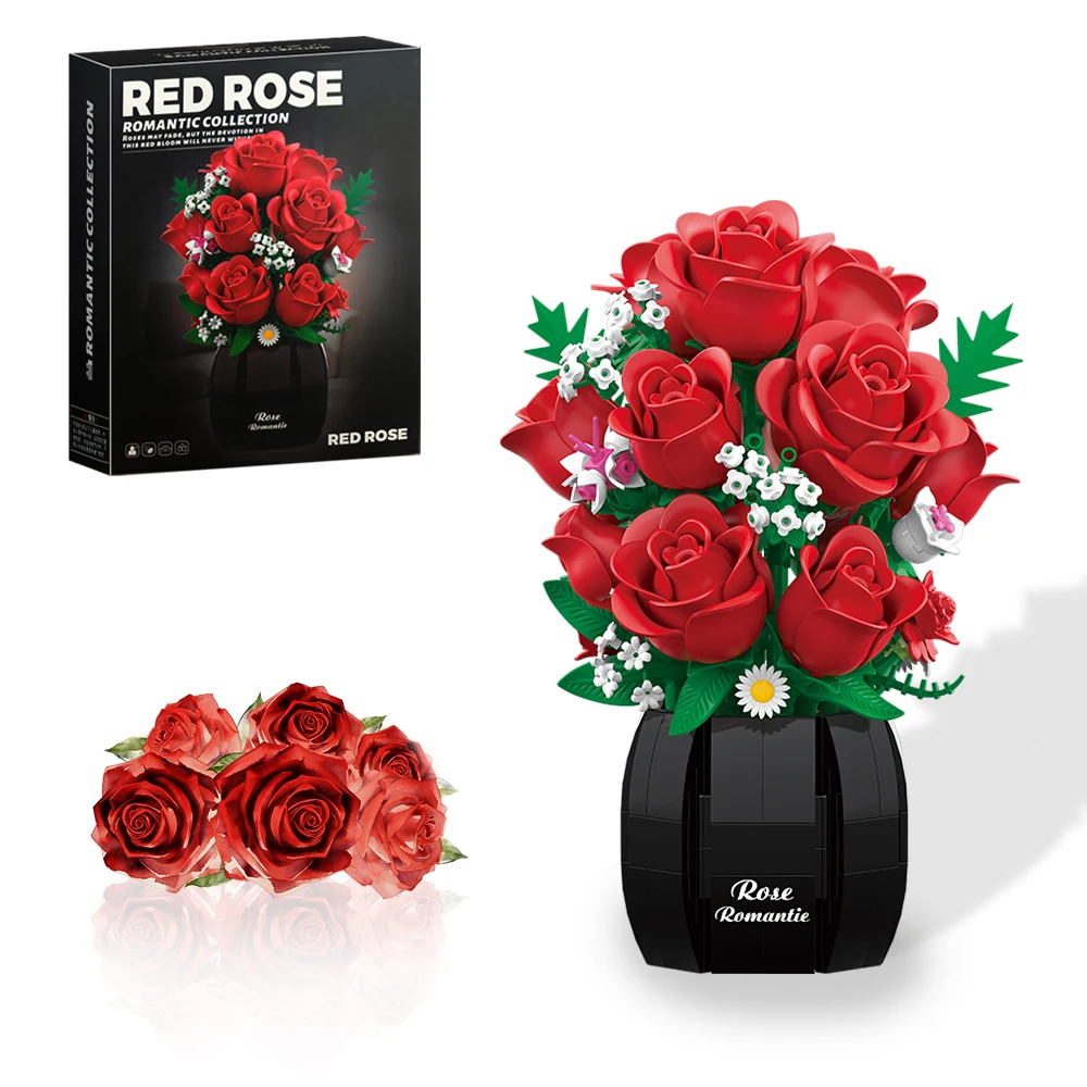 

Набор строительных блоков «Букет красных роз» — романтическая цветочная композиция своими руками с вазой, модель искусственных цветов из кирпичиков, идеальный подарок