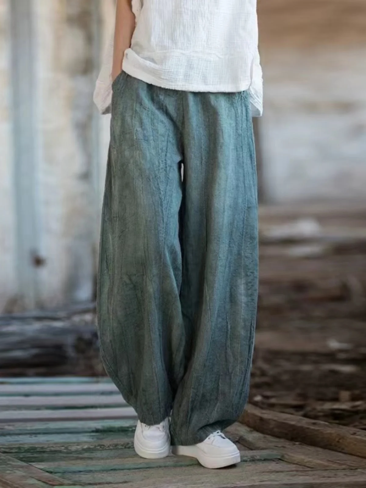 خريف شتاء جديد Sle المرأة عادية واسعة الساق فانوس السراويل القطن الكتان مصبوغ والقديم Faioned عالية الخصر فضفاضة تناسب بنطلون