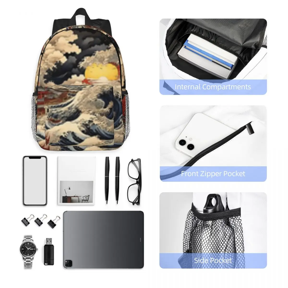 Katsushika Hokusais Japanese Waves In A Full Moon Night, Illustration New Fashion High Capacity Waterproof College Backpack