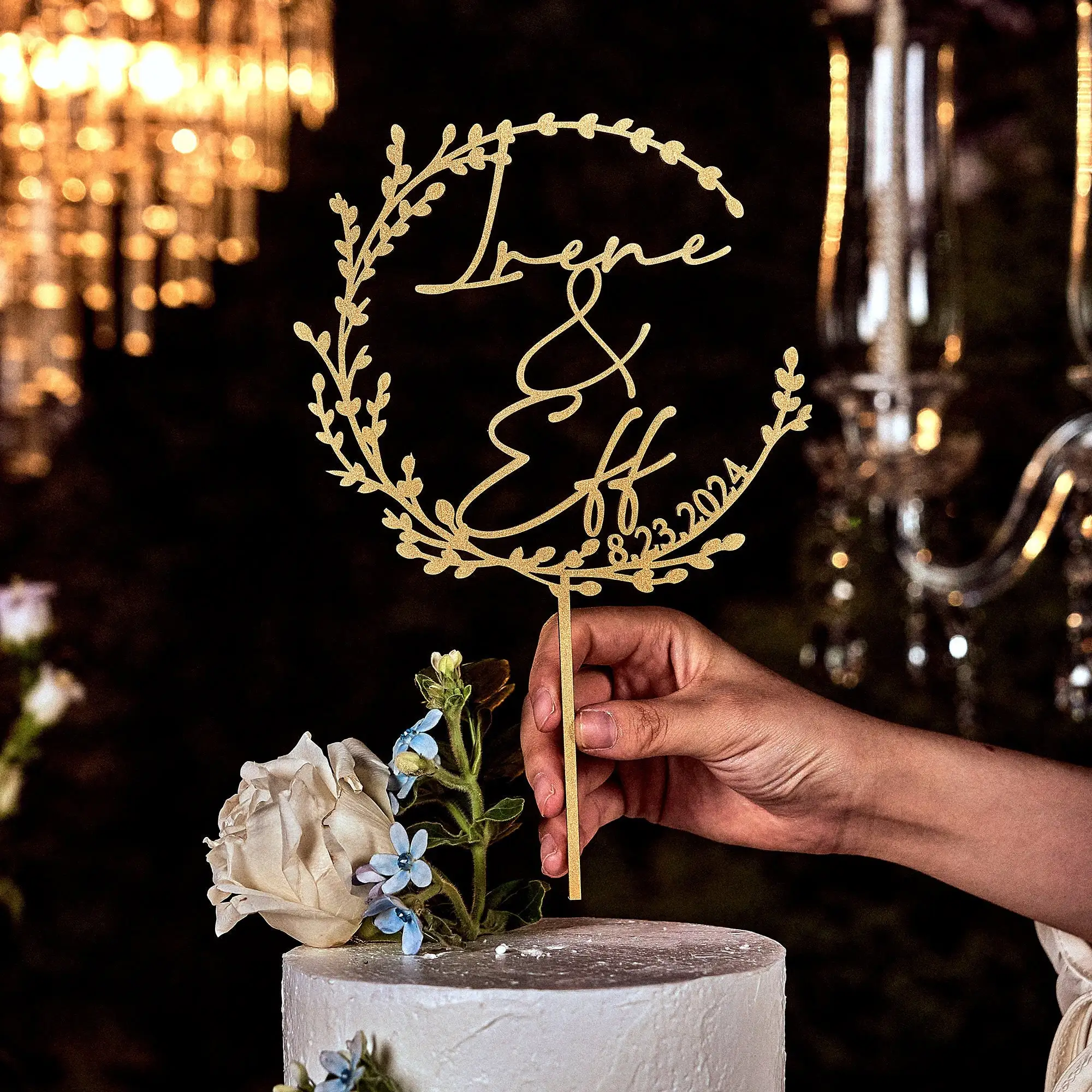 Gold Wedding Cake Topper with date Custom Couples Script Cake Topper for Weddings Rustic Anniversary Party Cake Decoration