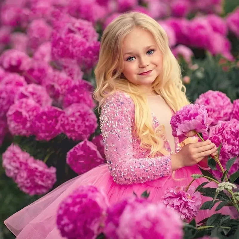 Vestido de lujo de manga larga con lentejuelas para desfile para niñas, vestido de fiesta de cumpleaños y boda, vestido de baile hinchado de primera comunión, vestido hinchado para graduación