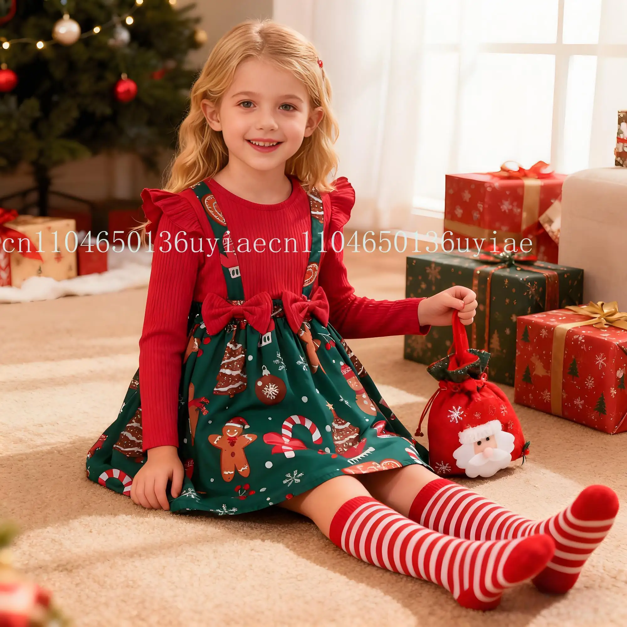 

New Year Kids Red Christmas Dress Girls Autumn Winter Cartoon Print Long Sleeve Princess Dresses Casual 1-8 Y Patchwork Clothes