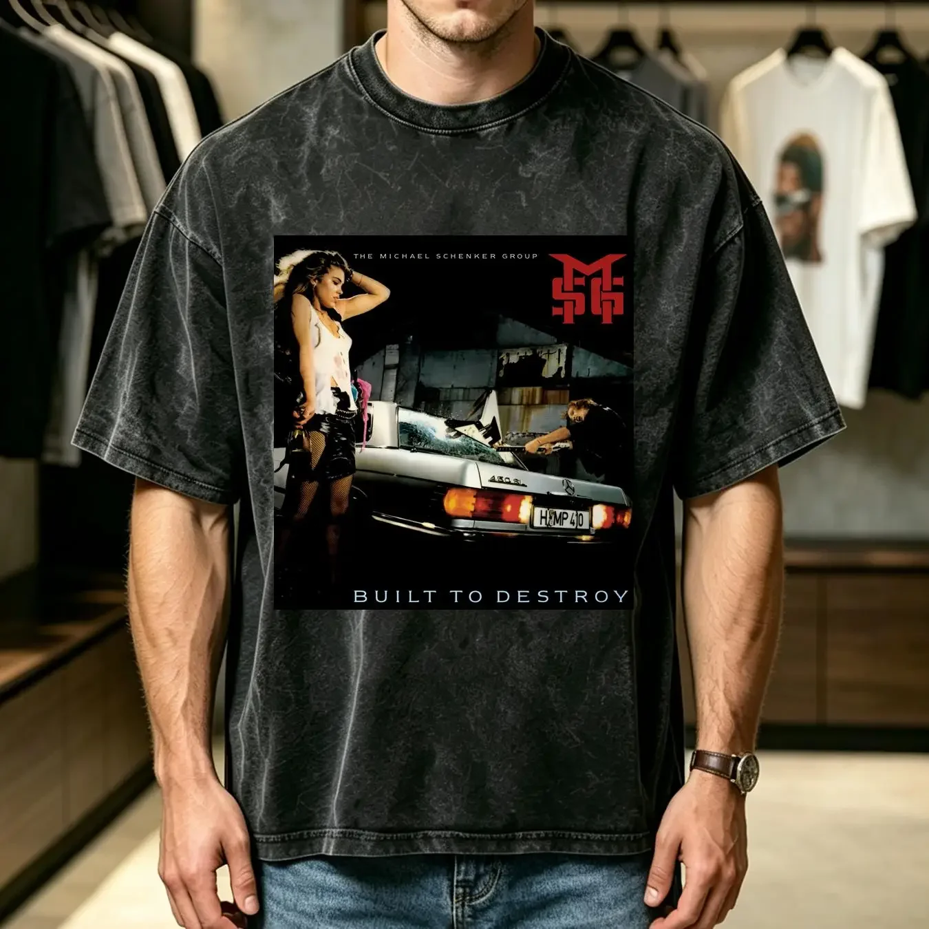 washed T Shirt The Michael Schenker Group Built To Destroy TL488 vintage Washed Stretched Top For Everyday Wear Casual Stylish