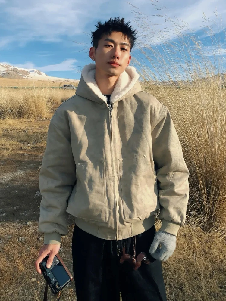

Мужская зимняя куртка с капюшоном в стиле ретро, с мраморным принтом, на флисовой подкладке, из полиэстера, теплая, повседневная