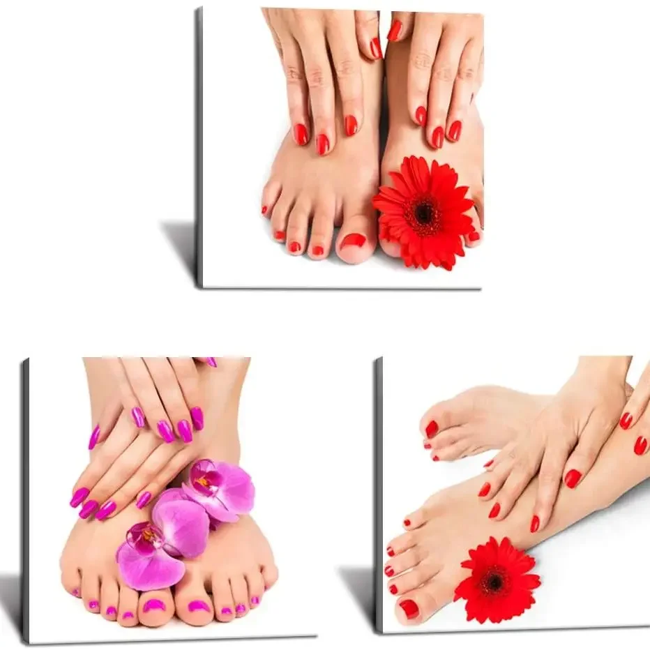 3 Pcs Red Nail Foot Manicure Pedicure Spa Beauty Salon Posters Wall Art Canvas Pictures Home Decor HD Paintings Room Decorations