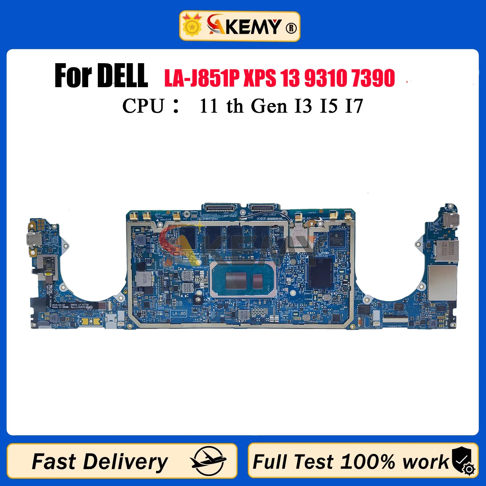 

Laptop Mainboard For Dell XPS 13 9310 7390 FDO30 0NVVG 0062CR LA-J851P Notebook Motherboard With CPU I3 I5 I7 11th 100% Tested