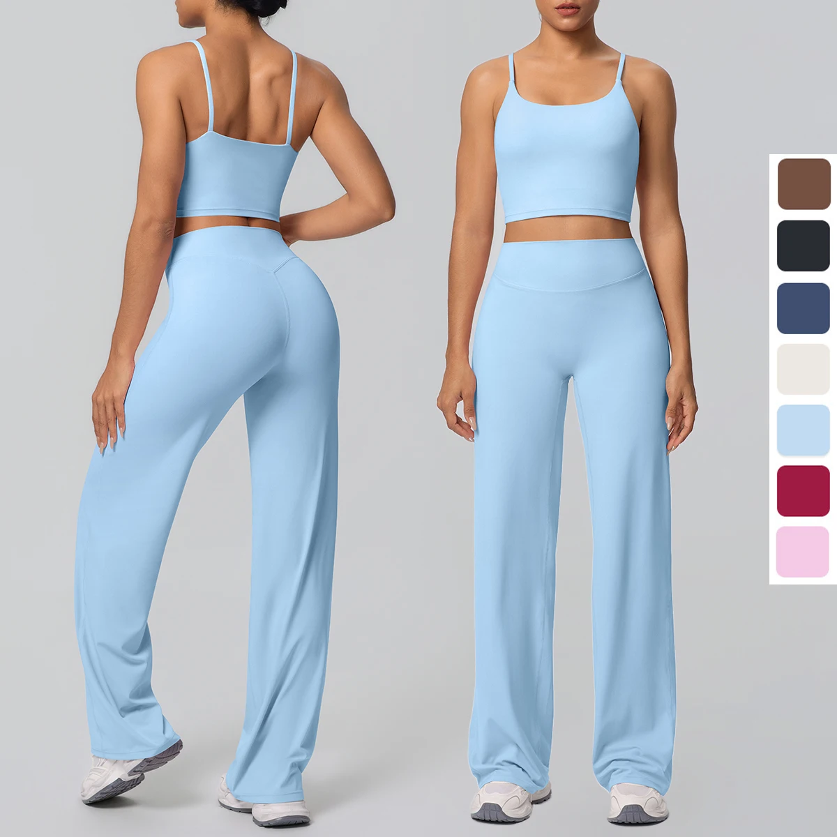Women Quick Drying Gym Sports Fitness Clothing Yoga Set Backless Sexy Strap Bra with Chest Pad High Waisted Wide Leg Pants Set