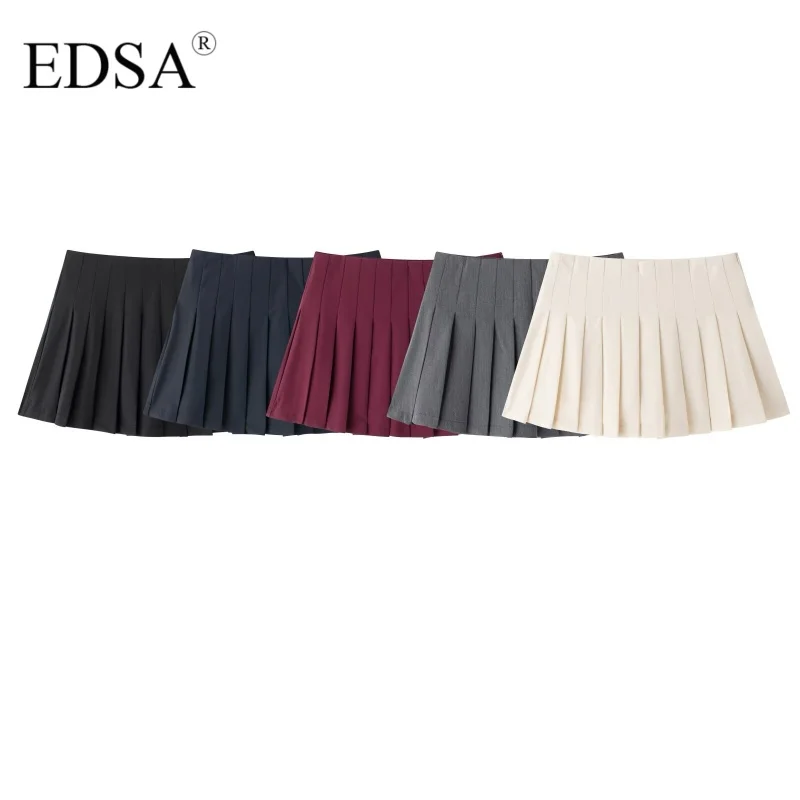 EDSA Women Box Pleat Shorts Skirt Mid-waist Invisible Side Zip Solid Color Casual Female Shorts