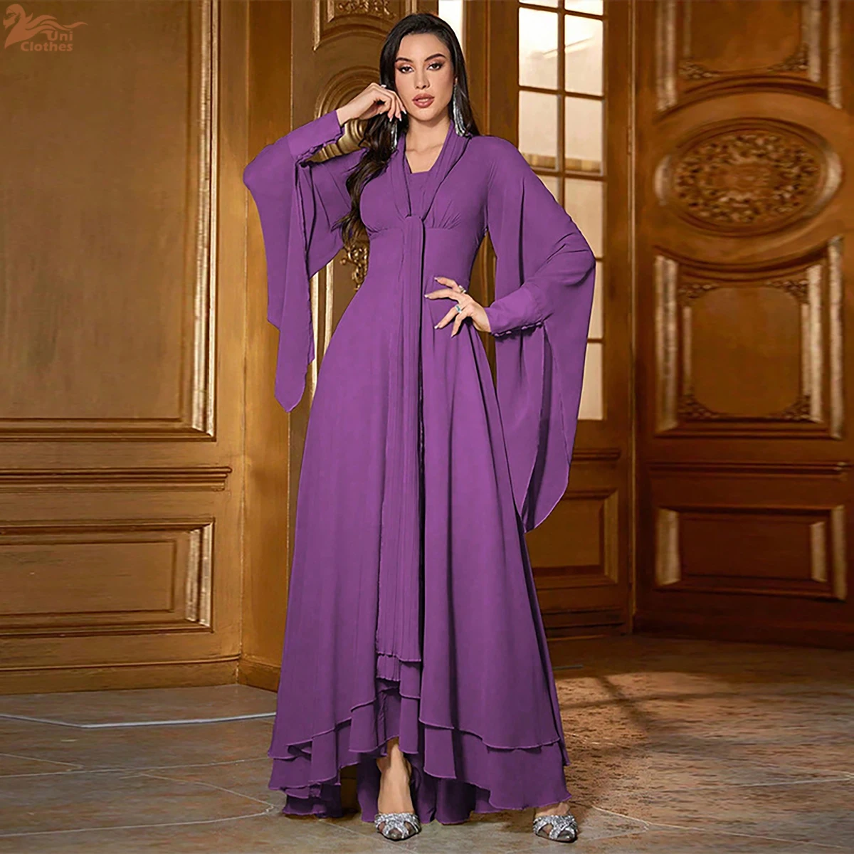 

Uni 2026 Summer Luxury Elegant Chiffon Party Evening Clothing Women Solid Color Simple Ruffled Edge Decorative Long Dresses