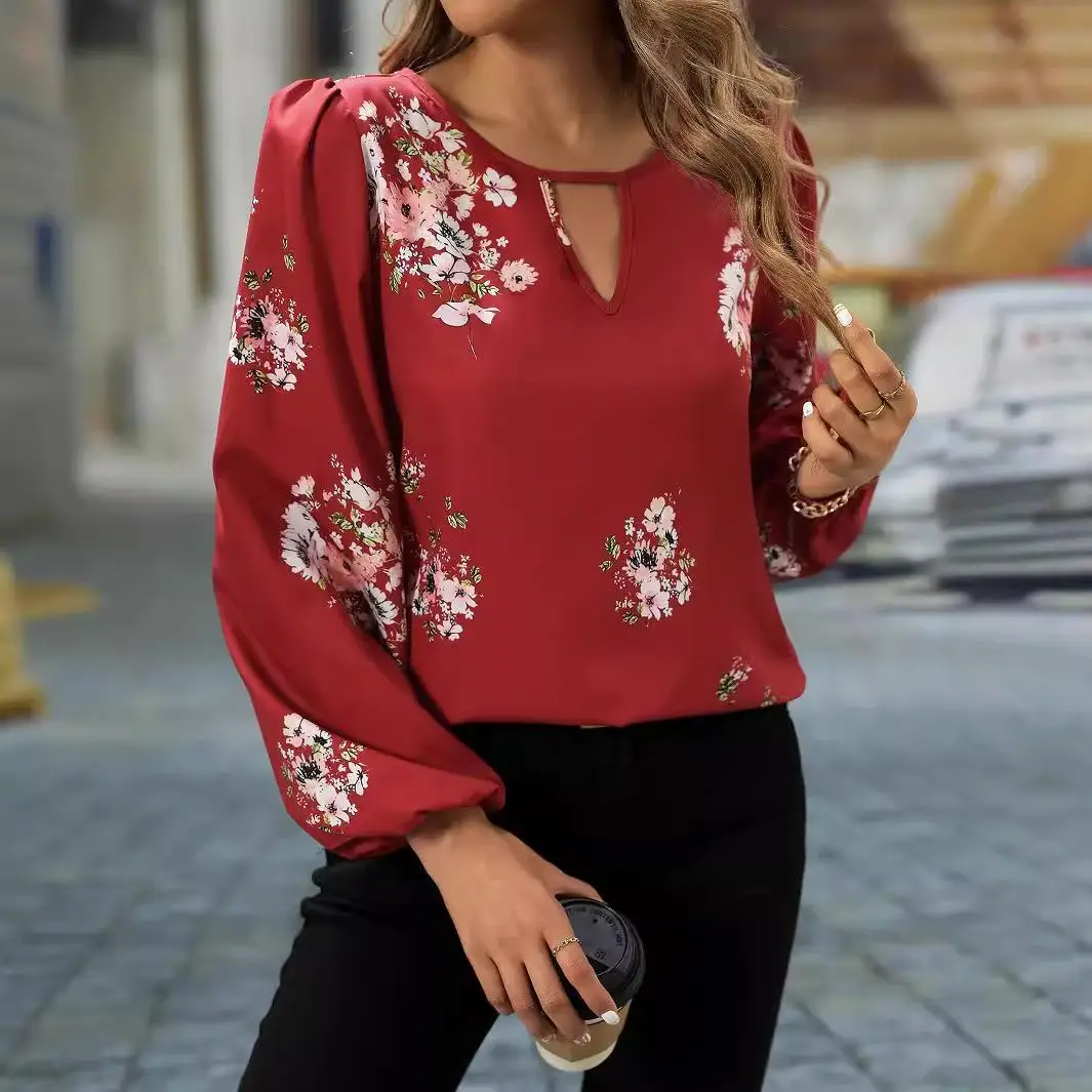 

Elegant Women's Lantern Sleeve Printed Long Shirt Fashionable Versatile Ladies' Blouse Winter Collection Trendy Print Design