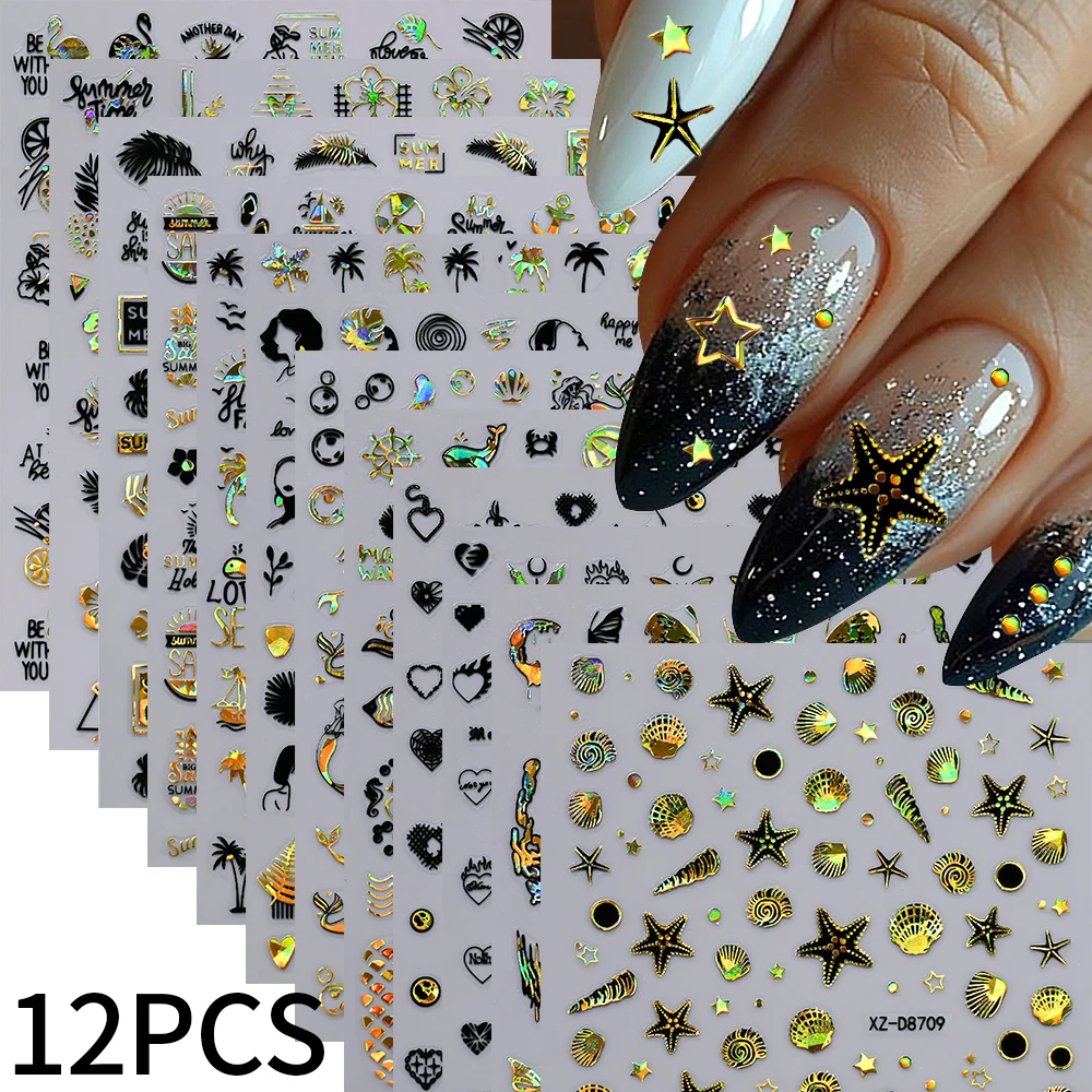 12PC noir or coquillage/étoile de mer autocollant pour ongles 3D Laser été cocotier/sirène/lettre autocollant pour ongles bricolage plage-thème NailSlider