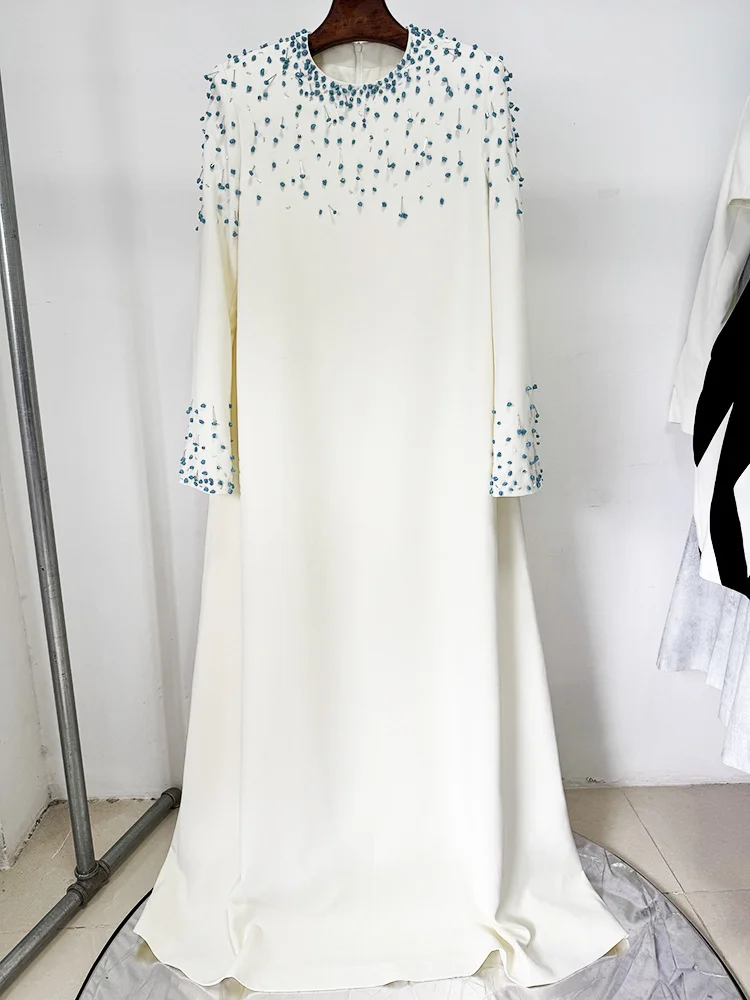 HIGH STREET Newest Fashion 2025 Designer Party Vestido Women\'s Beaded Loose Long Sleeved  Long Maxi Dress
