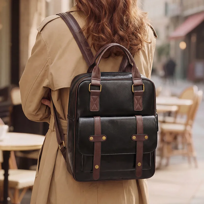 British Retro PU Leather Backpack Men Women Multifunctional Handbag Large Capacity Laptop Backpack Travel Daily School Bag