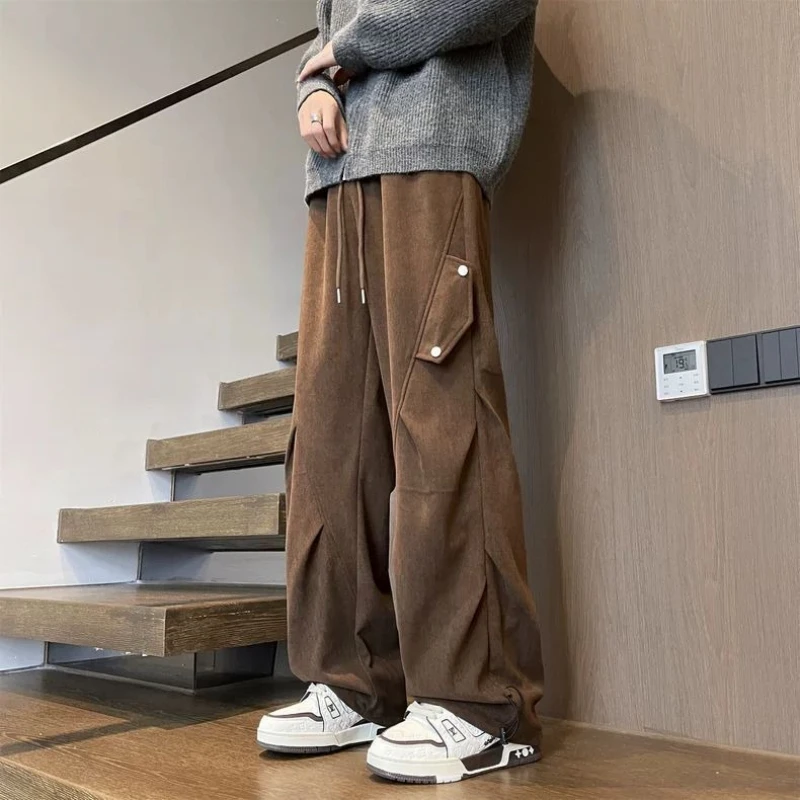 

Men's Vintage Brown Corduroy Cargo Pants Fleece Lined Straight Leg Loose Fit American Style Casual Autumn​ Winter Trousers