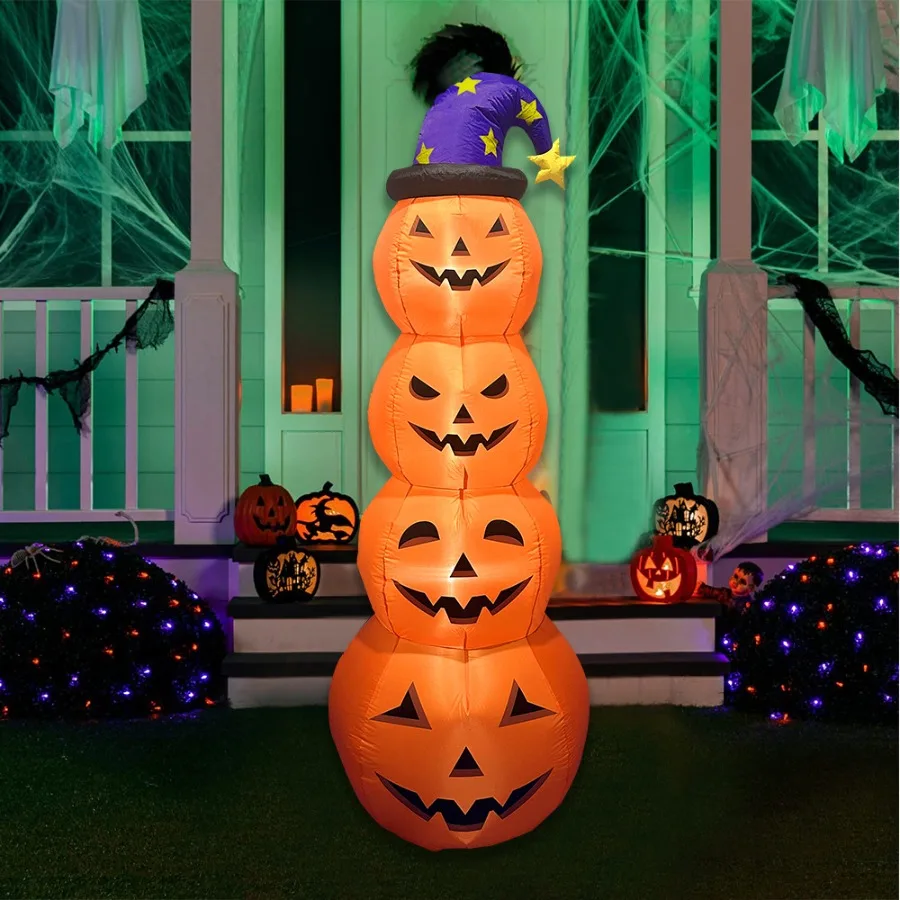 2.4M Tall Giant Pumpkin String with Hat Halloween Inflatable Decorations,Fun Spooky Party Decor for Halloween & Haunted Houses