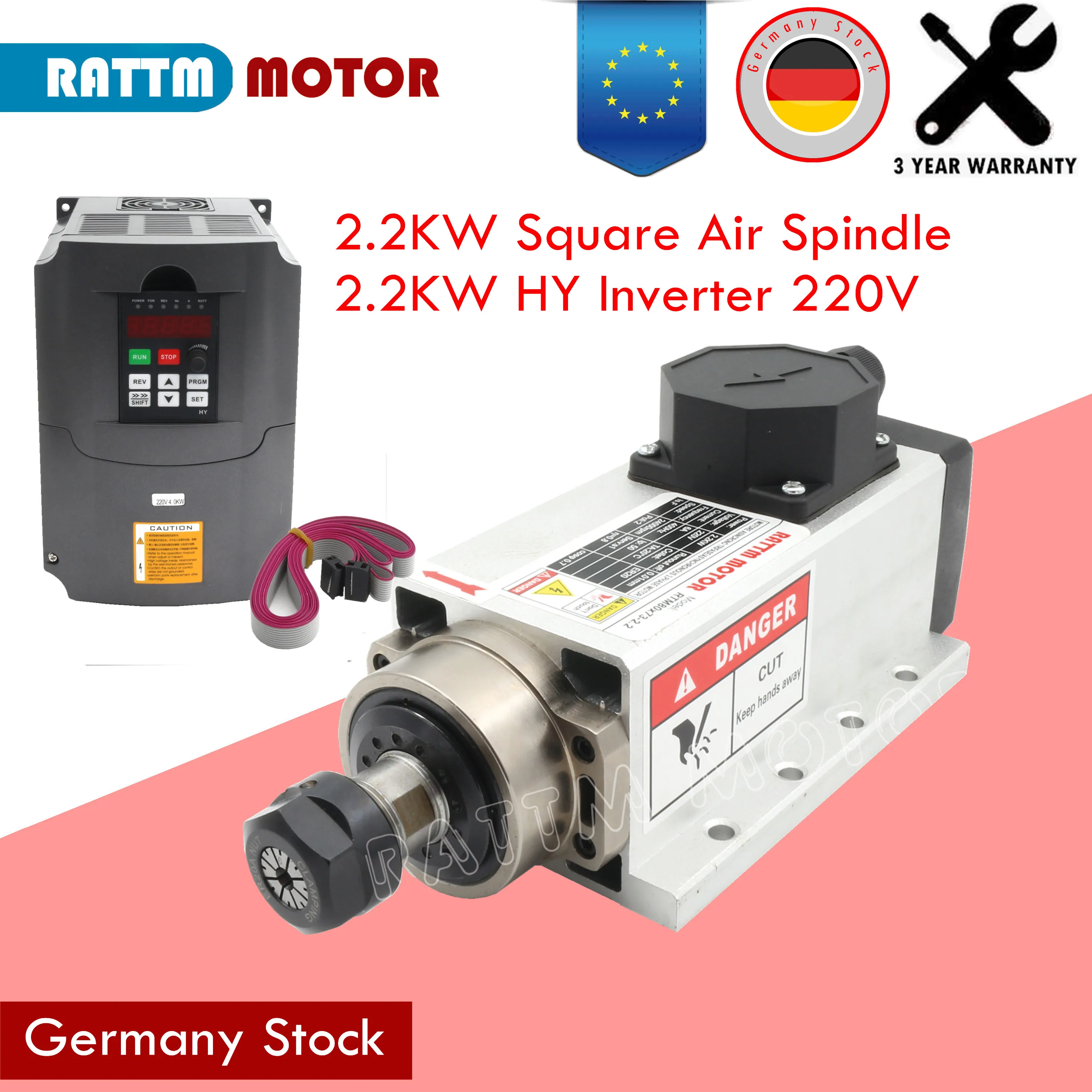 〖EU Stock〗CNC Square 2.2Kw Air Cooled Spindle Motor 220V 8A 4Bearing ER20 Runout-off 0.01mm 4bearing & 2.2KW Huanyang Inverter